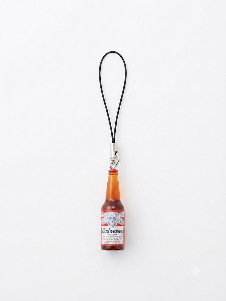 Mini beer bottle phone charm with black loop strap